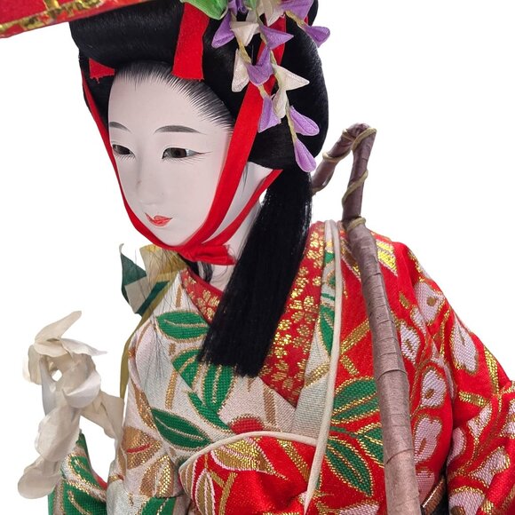 Japanese Geisha Doll With Willow Branches In Traditional Kimono On Wooden Base J - Picture 3 of 14